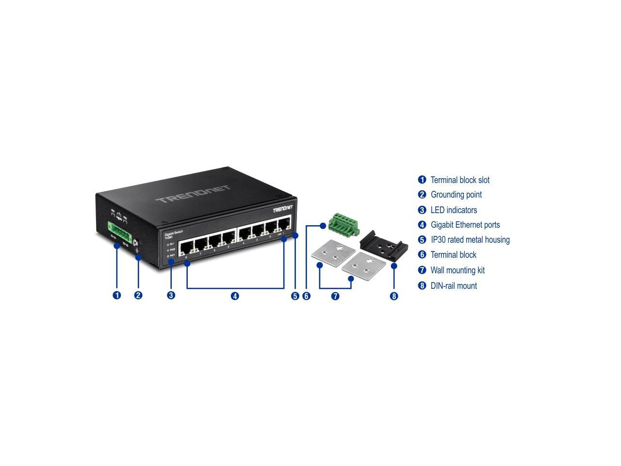 TRENDnet 8-Port Hardened Industrial Gigabit DIN-Rail Switch Limited Lifetime Warranty