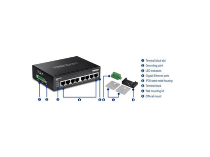 TRENDnet 8-Port Hardened Industrial Gigabit DIN-Rail Switch Limited Lifetime Warranty