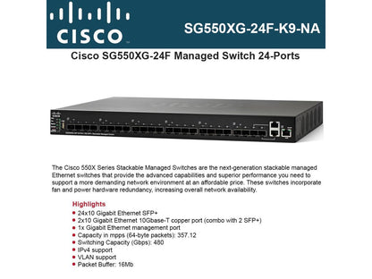 Cisco SMB SG550XG-24F-K9 24 Port Stackable Managed 10 Gb Ethernet Switch