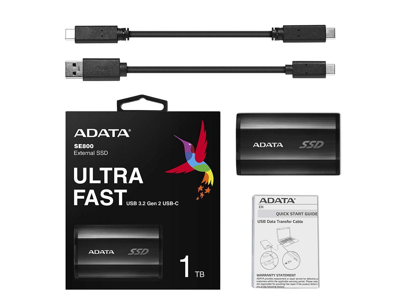 ADATA SE800 1TB IP68 Rugged - Up to 1000 MB/s- SuperSpeed USB 3.2 Gen 2 USB-C External Portable SSD Black (ASE800-1TU32G2-CBK)