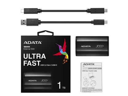 ADATA SE800 1TB IP68 Rugged - Up to 1000 MB/s- SuperSpeed USB 3.2 Gen 2 USB-C External Portable SSD Black (ASE800-1TU32G2-CBK)