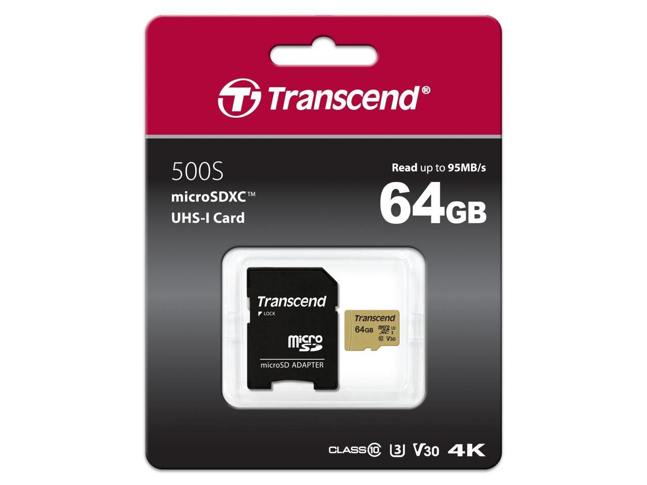 Transcend TS64GUSD500S 64GB UHS-I U3 MicroSD Memory Card with Adapter