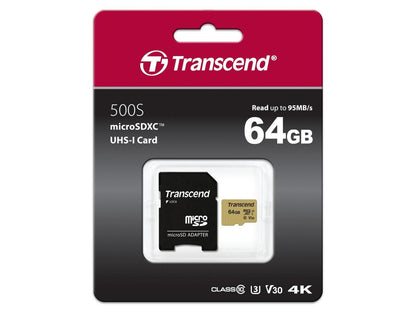 Transcend TS64GUSD500S 64GB UHS-I U3 MicroSD Memory Card with Adapter