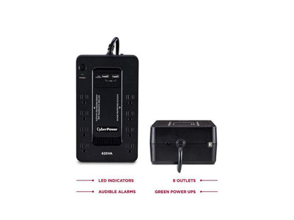 CyberPower ST625U Standby UPS System, 625 VA / 360 Watts, 8 Outlets, 2 USB Charging Ports, Compact