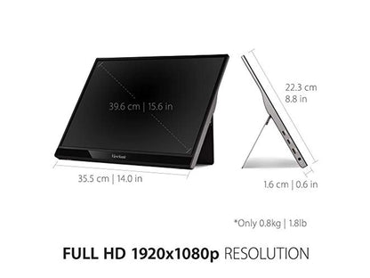 ViewSonic 15.6 Inch 1080p Portable Monitor with 2 Way Powered 60W USB C, IPS, Eye Care, Dual Speakers, Frameless Design, Built in Stand with Cover (VG1655) (VG1655)