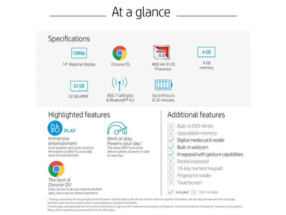 HP 14-db0050nr Chromebook AMD A4-Series A4-9120 (2.20 GHz) 4 GB Memory 32 GB eMMC SSD 14.0" Chrome OS