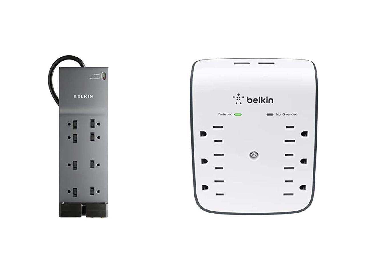 Belkin BE108230-06 8-Outlet Power Strip Surge Protector w/Flat Plug, 6ft Cord (3,550 Joules),Black & 6-Outlet USB Surge Protector w/Wall Mount (900 Joules)