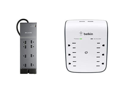 Belkin BE108230-06 8-Outlet Power Strip Surge Protector w/Flat Plug, 6ft Cord (3,550 Joules),Black & 6-Outlet USB Surge Protector w/Wall Mount (900 Joules)