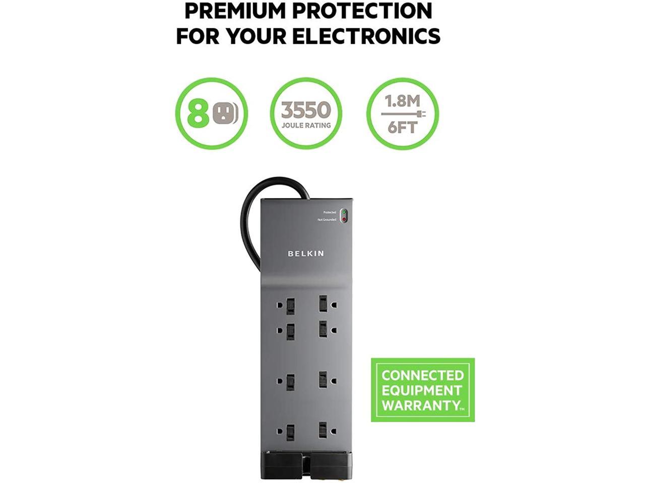 Belkin BE108230-06 8-Outlet Power Strip Surge Protector w/Flat Plug, 6ft Cord (3,550 Joules),Black & 6-Outlet USB Surge Protector w/Wall Mount (900 Joules)