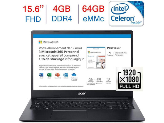 Acer Aspire 15.6-inch FHD(1920x1080) Laptop PC, Intel Celeron N4020 Processor, 4GB DDR4, 64GB eMMC, HDMI, Bluetooth, WiFi, Stereo Speaker, One-Year Office 365 Included, Windows 10 w/Mazery Mousepad