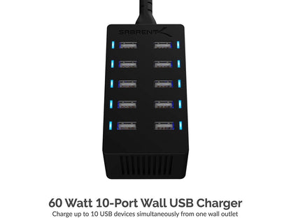 Sabrent 60 Watt (12 Amp) 10 Port Desktop Smart USB Rapid Charger (AX-TPCS)