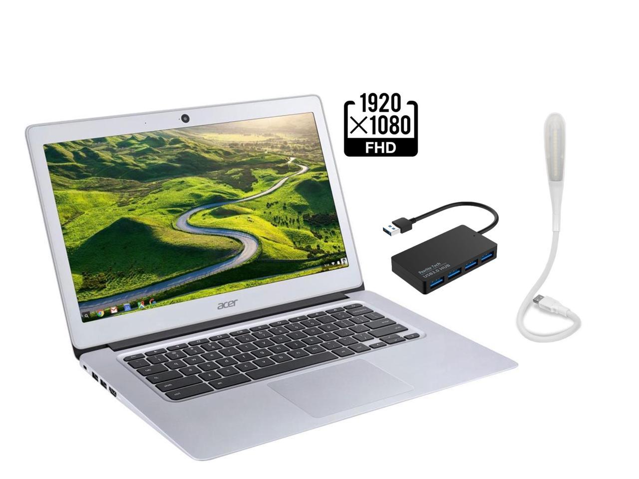 Acer Chromebook 14 Laptop Computer, 14" Full HD, Intel Celeron N3160, 4GB LPDDR3, 16GB eMMC, Wi-Fi, Bluetooth, Chrome OS, Bundled with Pearlite Tech. 4 Port USB 3.0 Hub and USB Light