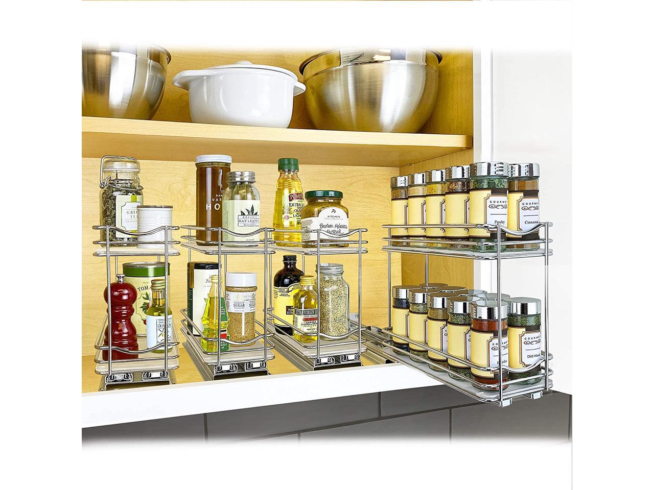 Professional Slide Out Double Spice Rack Upper Cabinet Organizer, 4-1/4", Chrome