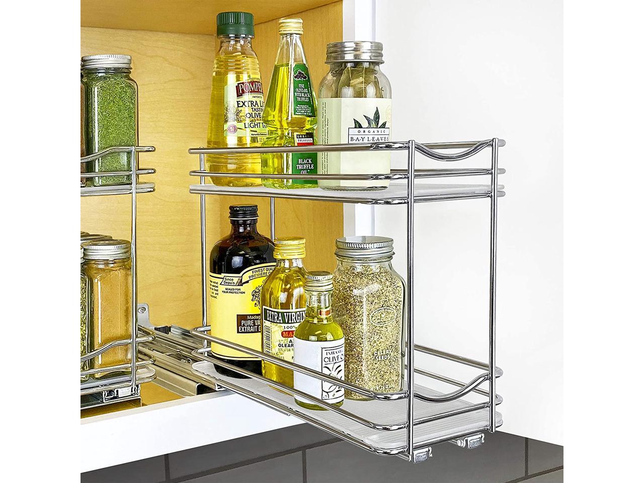 Professional Slide Out Double Spice Rack Upper Cabinet Organizer, 4-1/4", Chrome
