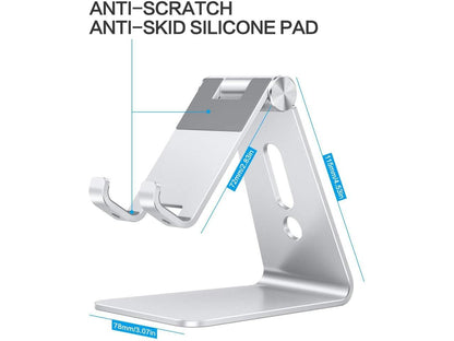 Durable Adjustable Cell Phone Stand, Aluminum Desktop Phone Holder Dock Compatible with iPhone 12 Mini, iPhone 12 Pro Max, 11 Pro, XR, 8 Plus 7 6, Samsung Galaxy, Google Pixel and More, Silver