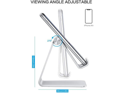 Durable Adjustable Cell Phone Stand, Aluminum Desktop Phone Holder Dock Compatible with iPhone 12 Mini, iPhone 12 Pro Max, 11 Pro, XR, 8 Plus 7 6, Samsung Galaxy, Google Pixel and More, Silver