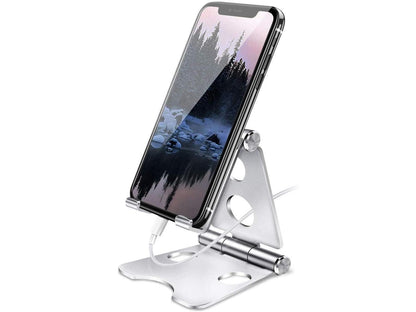 Durable Phone Stand,Tablet Stand, Adjustable Phone Dock - Universal Stand, Holder, Dock Compatible with Phone 11 Pro Xs Xs Max XR X 8 7 6S Plus, Huawei, Samsung S10 S9, All 3.5-8 inch Devices - Silver