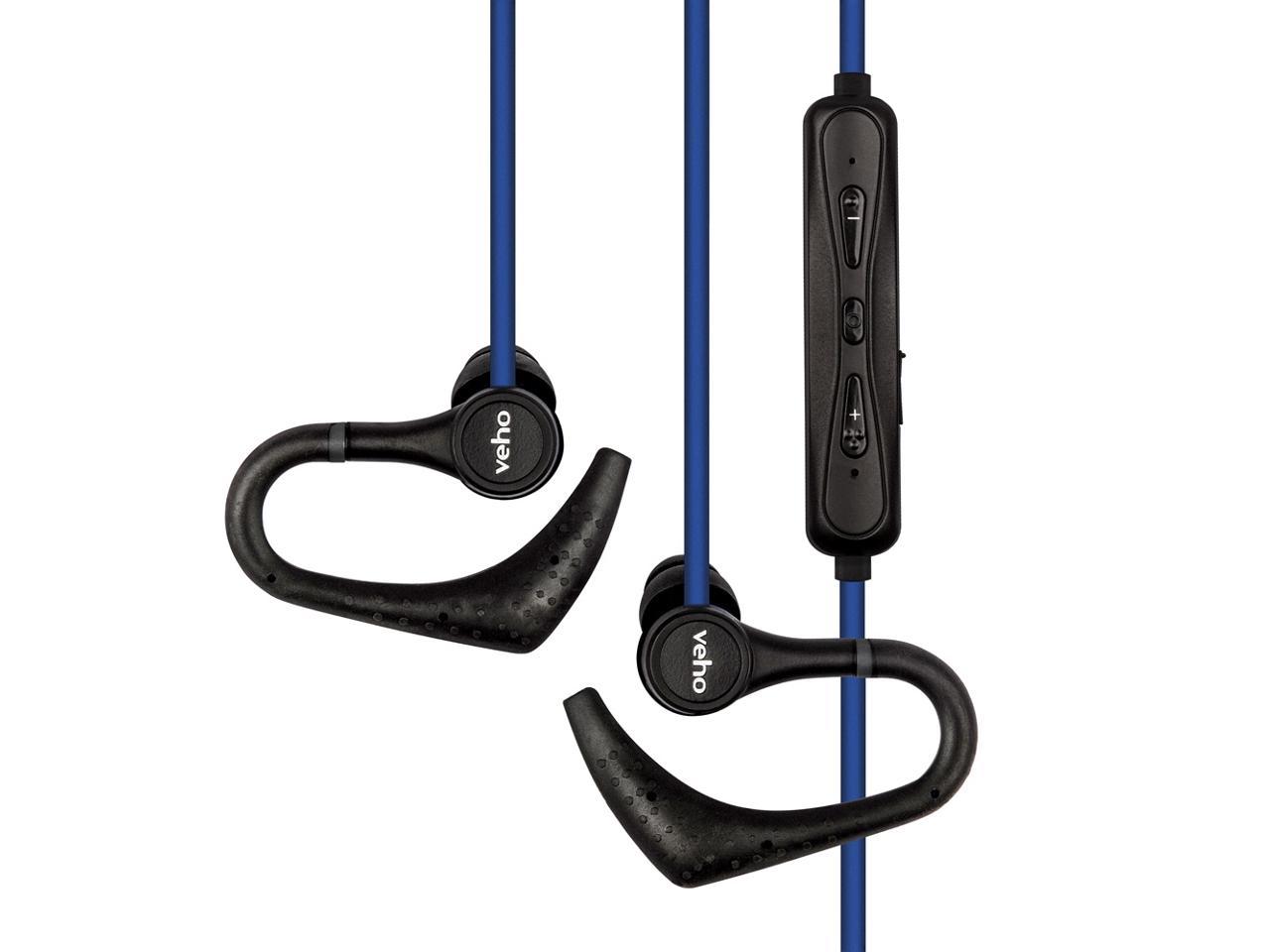 Veho ZB-1 Wireless Bluetooth In-Ear Sports Headphones with Inline Remote Control Microphone, Ear Hook and Flex Anti-Tangle Cable for Apple iPhone, iPad, iPod, Android Smartphone, Blue (VEP-007-ZB1)