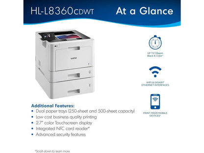Brother Business Color Laser Printer, HL-L8360CDWT, Wireless Networking, Automatic Duplex Printing, Mobile Printing, Cloud Printing