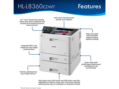 Brother Business Color Laser Printer, HL-L8360CDWT, Wireless Networking, Automatic Duplex Printing, Mobile Printing, Cloud Printing