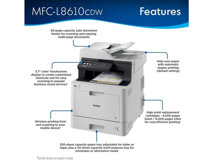 Brother Color Laser Printer, Multifunction Printer, All-in-One Printer, MFC-L8610CDW, Wireless Networking, Automatic Duplex Printing, Mobile Printing and Scanning