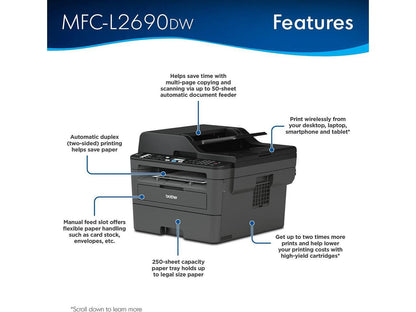 Brother Premium MFC-L2690DW Compact Monochrome All-in-One Laser Printer