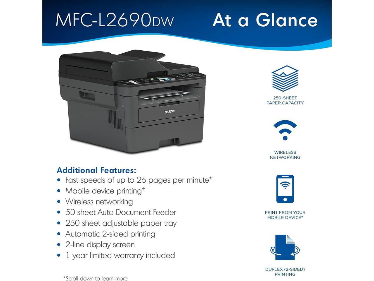 Brother Premium MFC-L2690DW Compact Monochrome All-in-One Laser Printer