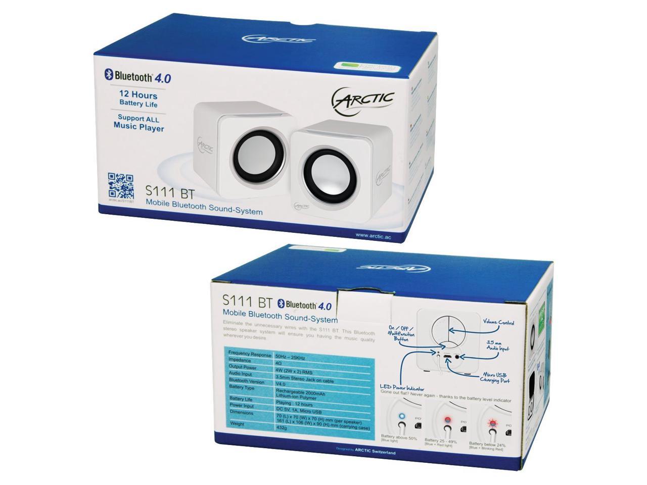 Arctic S111 BT Mobile Bluetooth V4.0 Sound-System with 2 x 2 W RMS Retail Packaging Color White Model SPASO-SP009WH-GBA01