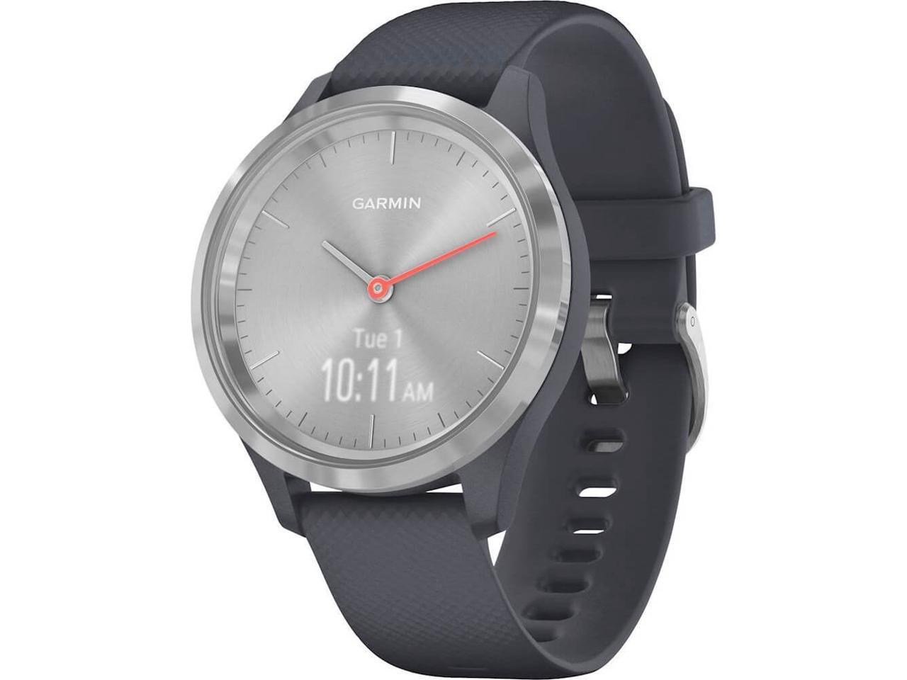 Garmin Vivomove 3S Hybrid Smartwatch with Real Watch Hands and Hidden Touchscreen Display - Granite Blue Silicone with Silver Hardware
