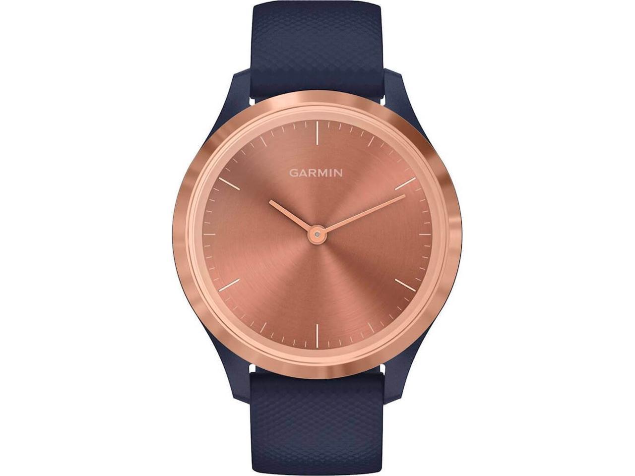 Garmin Vivomove 3S Hybrid Smartwatch with Real Watch Hands and Hidden Touchscreen Display - Navy Silicone with Rose Gold Hardware
