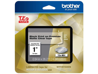 Brother TZeM51 Black Print on Premium Matte Clear Laminated Tape for P-touch Label Maker, 24.00 mm (0.94â€?) wide x 8.00 m (26.20 ft.) long