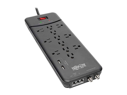 Tripp Lite Surge Protector Power Strip 12 Outlets, 2 USB Charging Ports Tel/Modem/Coax
